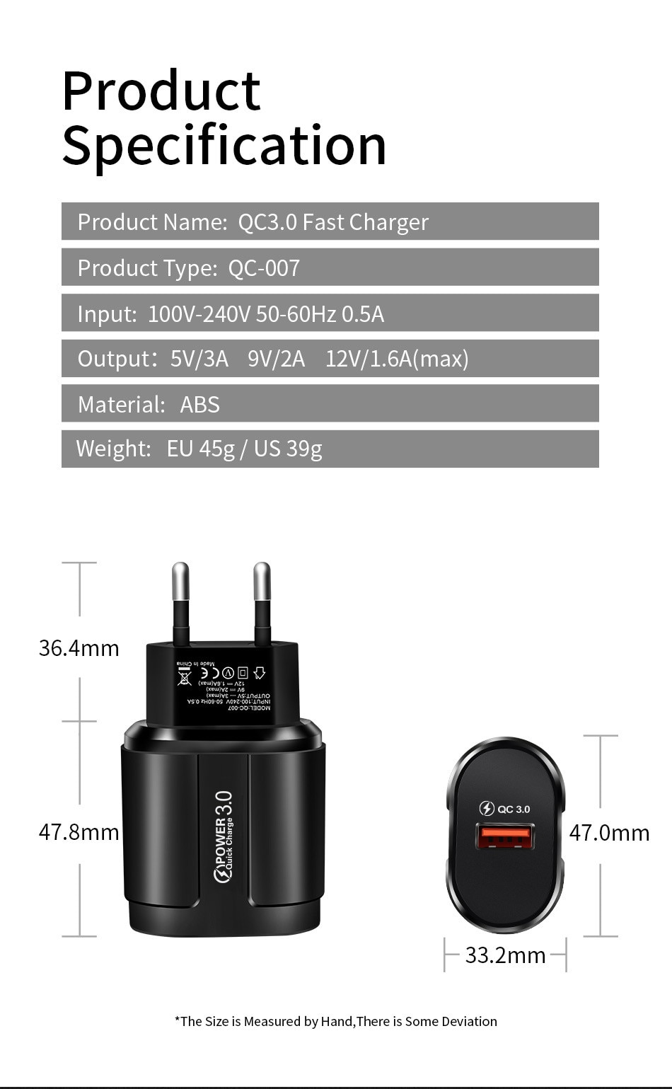 USLION Quick Charge QC 3.0 USB US EU Charger Universal Mobile Phone Charger Wall Fast Charging