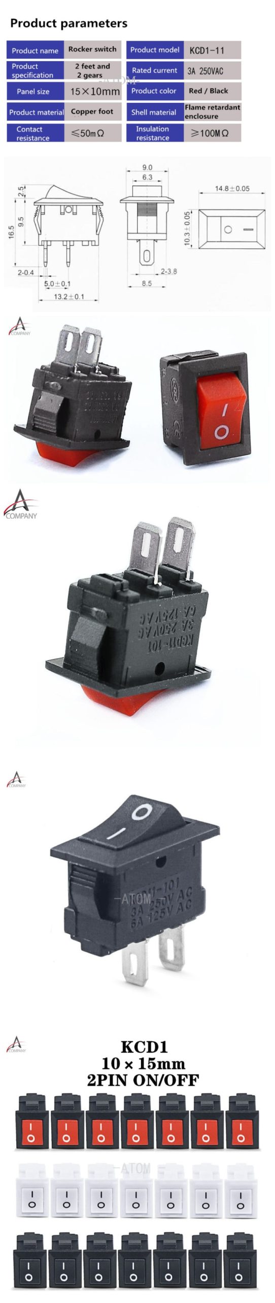 5pcs KCD11-101 3A/250V small black  10*15mm SPST 2PIN ON/OFF G130 Boat Rocker Switch Car Dashboard