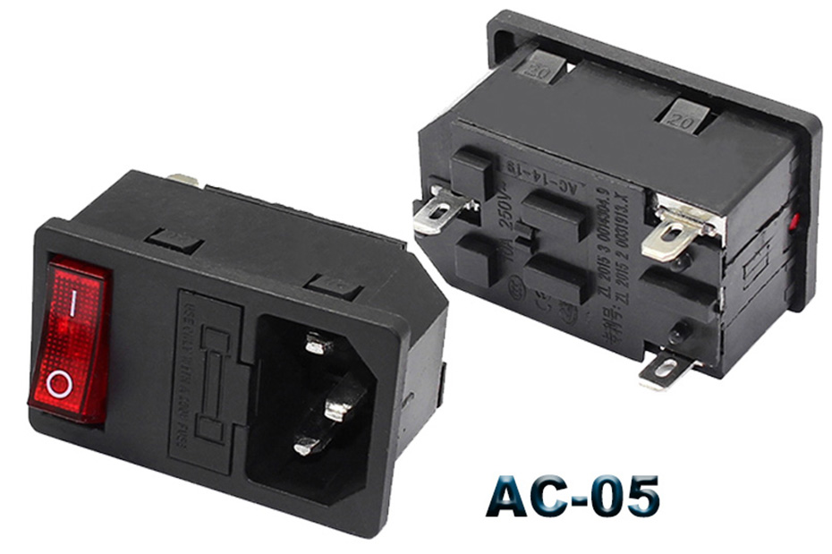 IEC320 C14 Electrical AC Socket 3 pin red LED 250V Rocker Switch 10A fuse female male inlet plug connector 2 pin socket