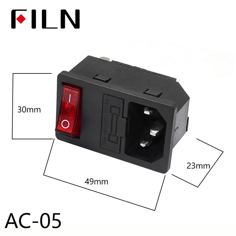 IEC320 C14 Electrical AC Socket 3 pin red LED 250V Rocker Switch 10A fuse female male inlet plug connector 2 pin socket