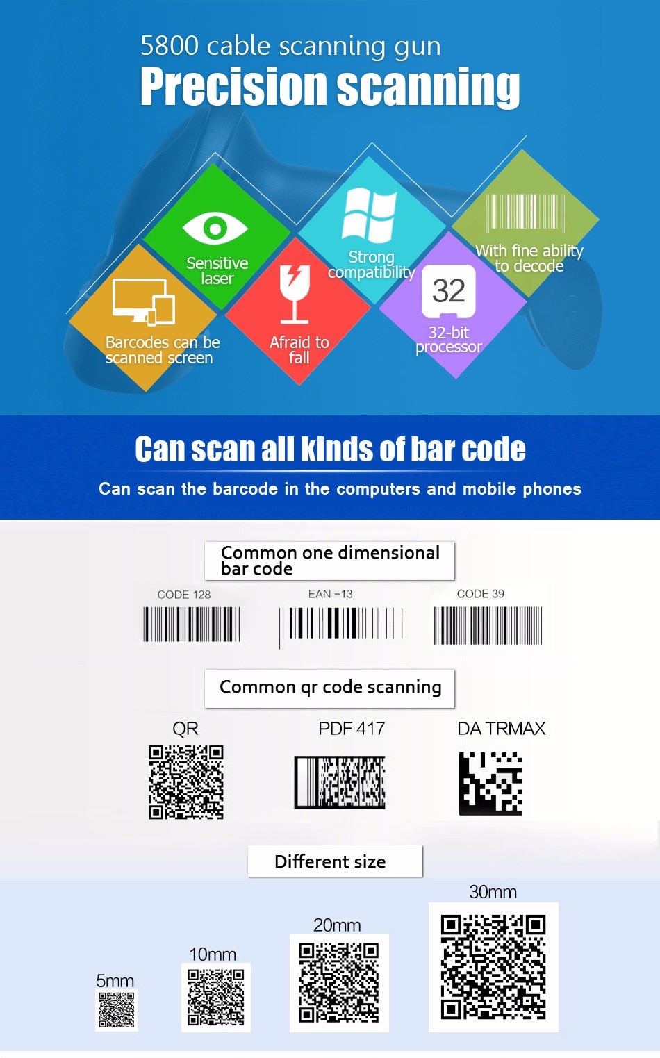 1D&2D barcode scanner  Handhel 2D Code Scanner Bar Code  QR Code Reader PDF417 bluetooth 2.4G wireless &wired