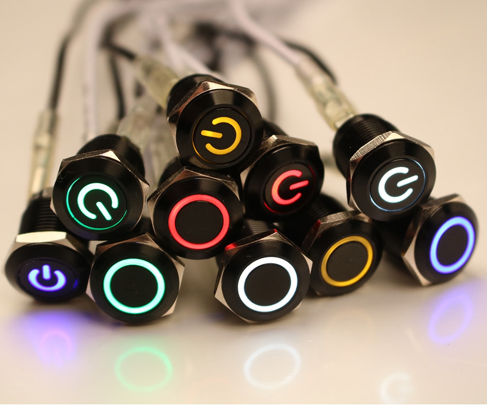 Push Button Switch 4 Pin 12mm Waterproof illuminated Led Light Metal Flat Momentary Switches  power mark 3V 6V 12V 24V