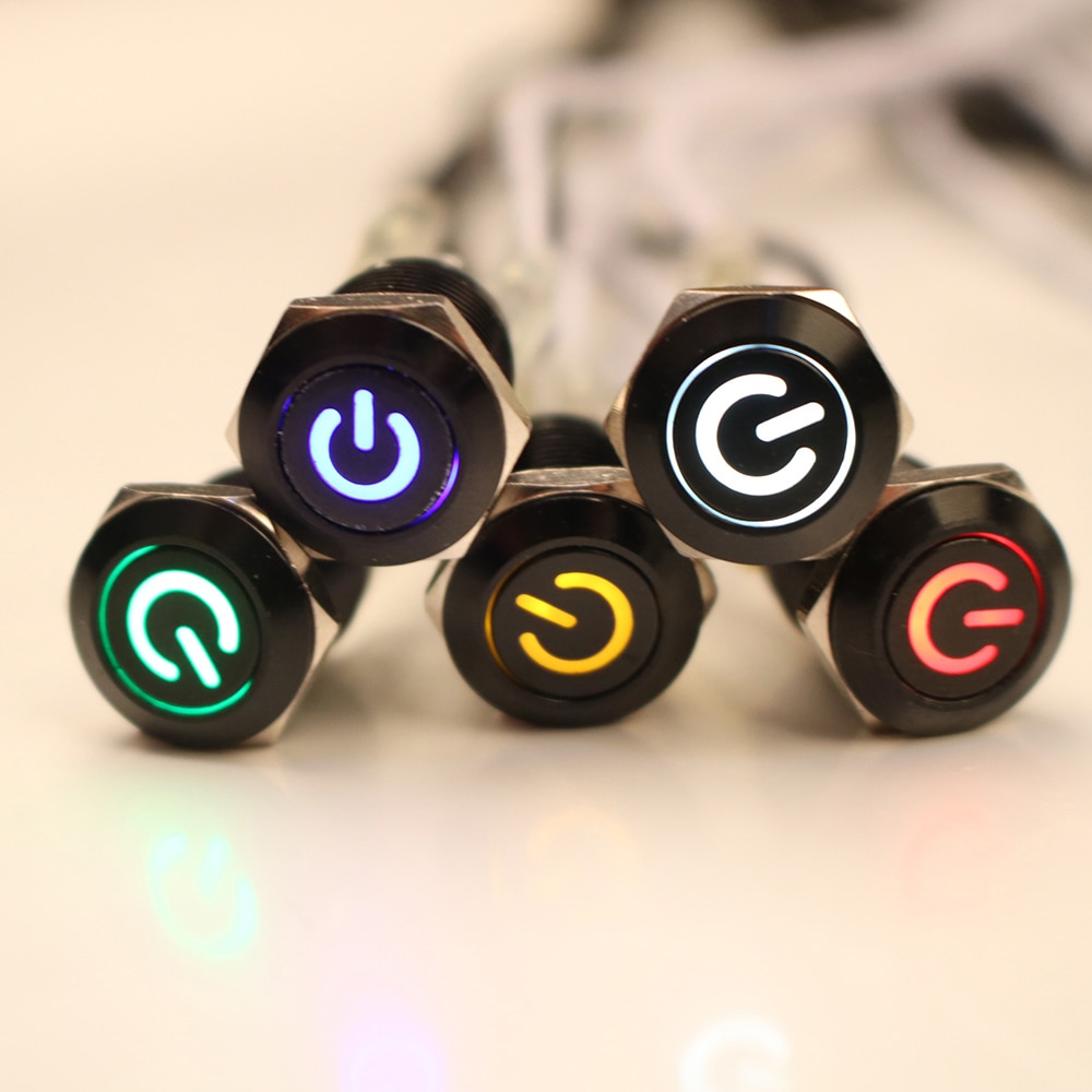 Push Button Switch 4 Pin 12mm Waterproof illuminated Led Light Metal Flat Momentary Switches  power mark 3V 6V 12V 24V