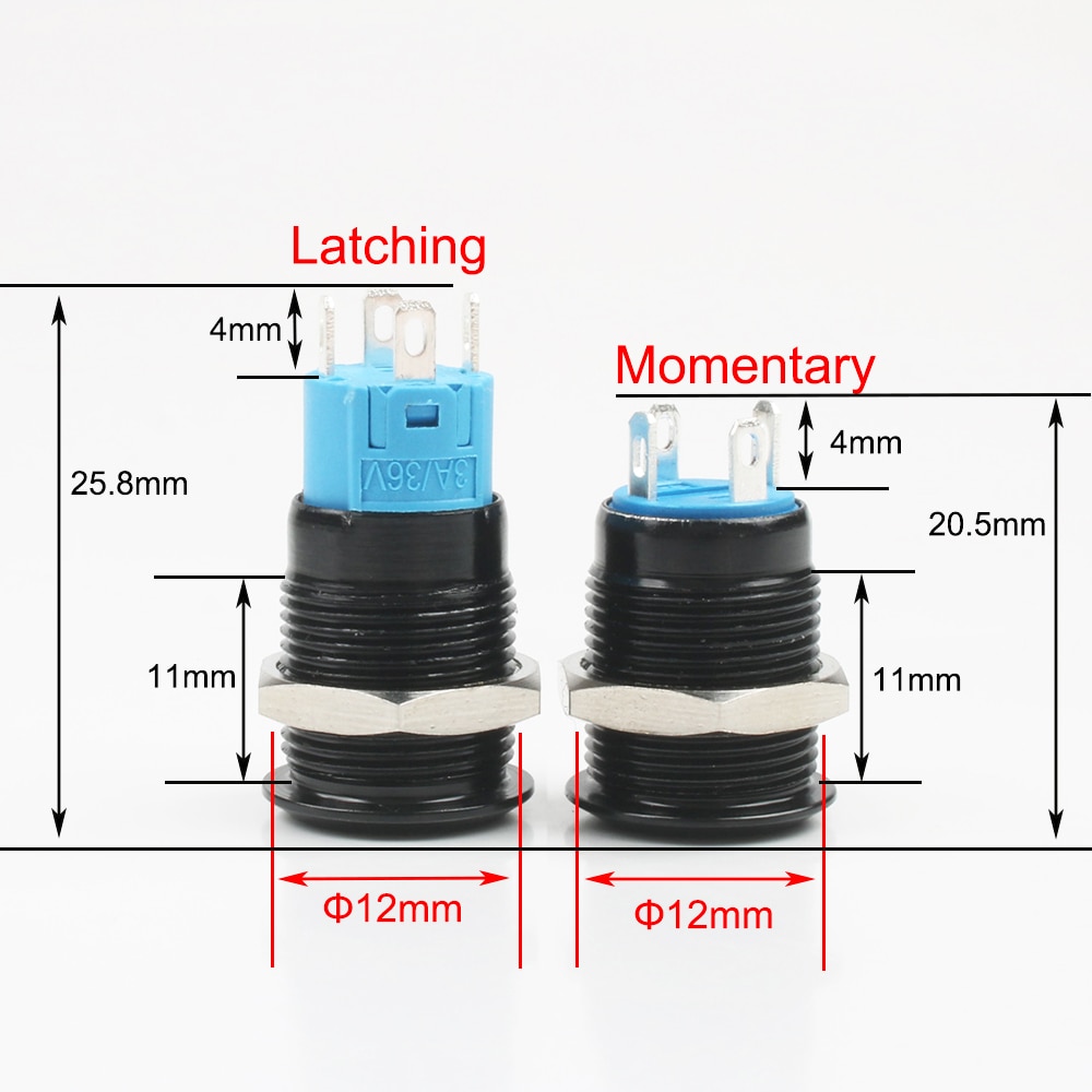 Push Button Switch 4 Pin 12mm Waterproof illuminated Led Light Metal Flat Momentary Switches  power mark 3V 6V 12V 24V
