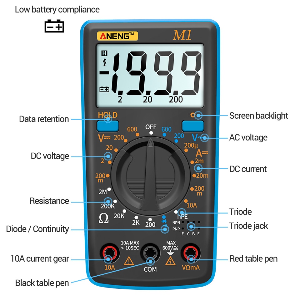 ANENG M1 Tester True Rms Digital Multimeter Testers Multi Meter Richmeters Dmm 400a 10A