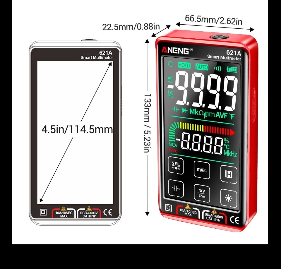 ANENG 621A Smart Digital Multimeter Touch Screen Multimetro Tester Transistor 9999 Counts True RMS Auto Range DC/AC 10A Meter