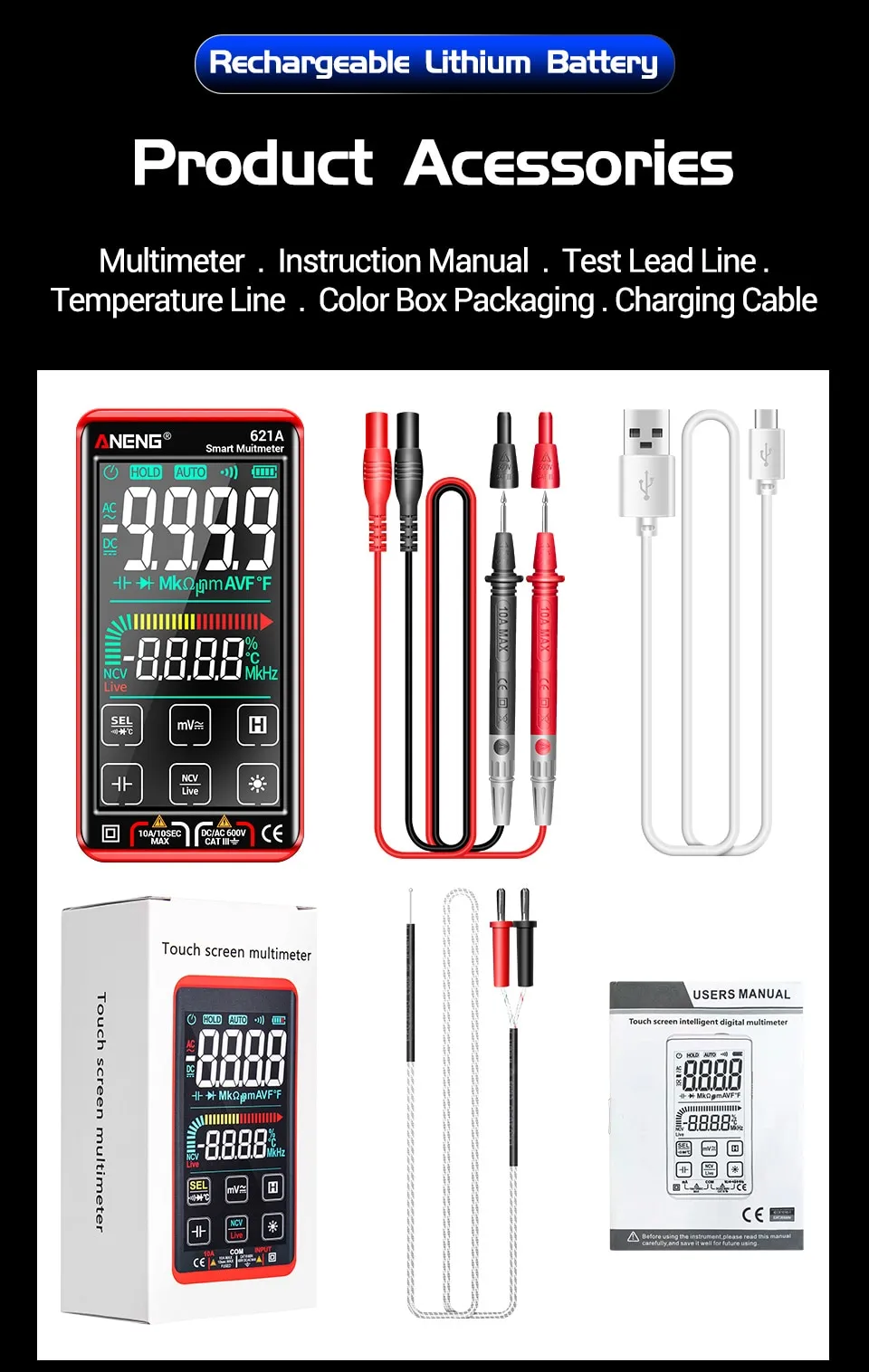 ANENG 621A Smart Digital Multimeter Touch Screen Multimetro Tester Transistor 9999 Counts True RMS Auto Range DC/AC 10A Meter