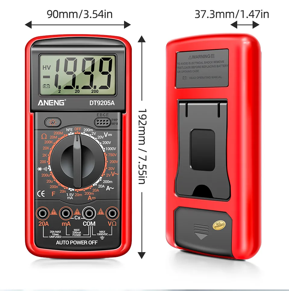 ANENG DT9205A-12 1999 Counts Digital Multimeter AC/DC Voltage Current Tester Electrical Test Meter Profesional Analog Multimetro