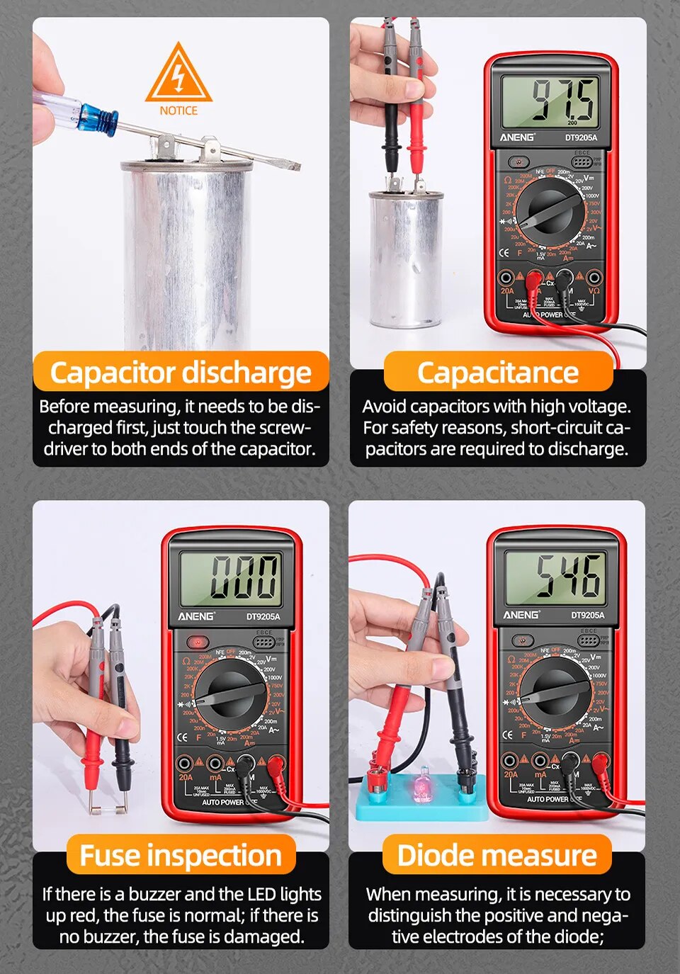 ANENG DT9205A-12 1999 Counts Digital Multimeter AC/DC Voltage Current Tester Electrical Test Meter Profesional Analog Multimetro