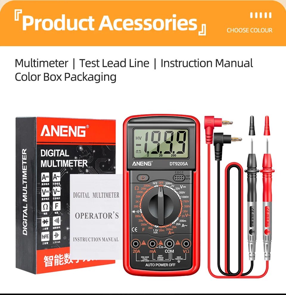 ANENG DT9205A-12 1999 Counts Digital Multimeter AC/DC Voltage Current Tester Electrical Test Meter Profesional Analog Multimetro