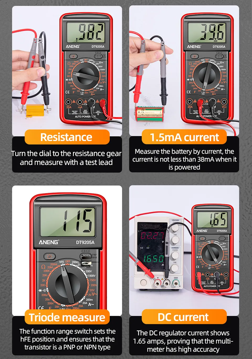 ANENG DT9205A-12 1999 Counts Digital Multimeter AC/DC Voltage Current Tester Electrical Test Meter Profesional Analog Multimetro