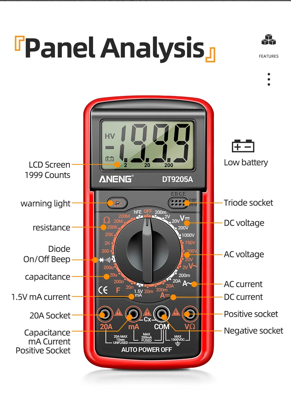 ANENG DT9205A-12 1999 Counts Digital Multimeter AC/DC Voltage Current Tester Electrical Test Meter Profesional Analog Multimetro