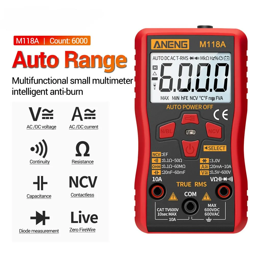 ANENG M118A Digital Mini Multimeter Tester with NCV Data Hold 6000counts Auto Mmultimetro True Rms Tranistor Meter