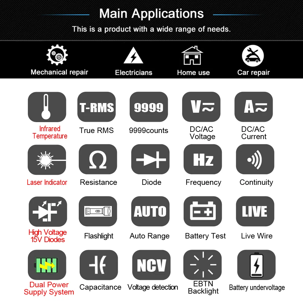 Digital Multimeter Smart Multitister 9999 T-RMS DC AC Voltage Current 15V Diode Capacitor Ohm NCV USB Rechargeable Tester