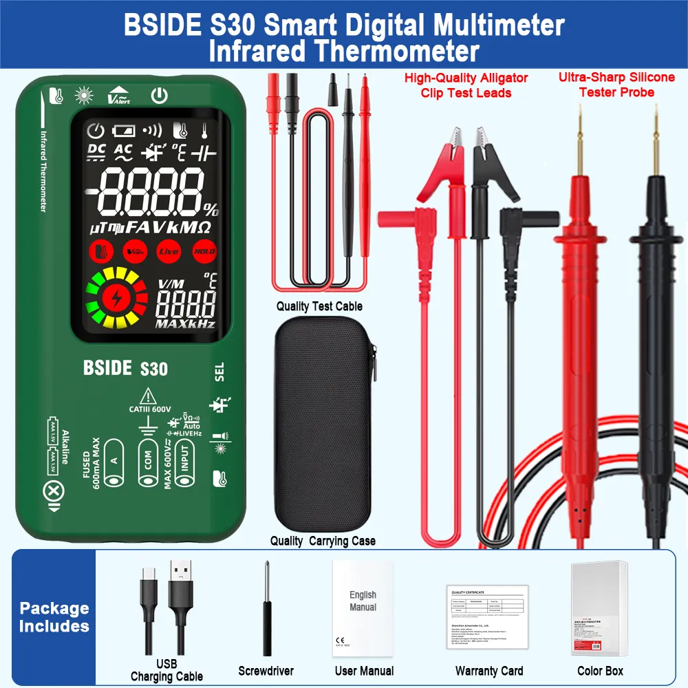 Digital Multimeter Smart Multitister 9999 T-RMS DC AC Voltage Current 15V Diode Capacitor Ohm NCV USB Rechargeable Tester