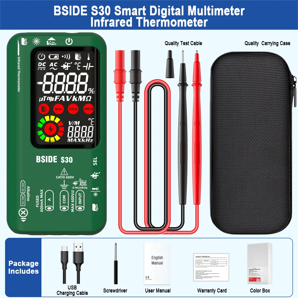 Digital Multimeter Smart Multitister 9999 T-RMS DC AC Voltage Current 15V Diode Capacitor Ohm NCV USB Rechargeable Tester