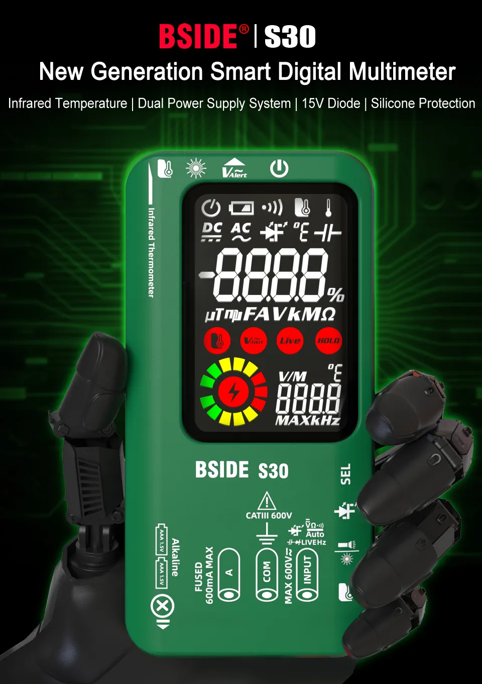 Digital Multimeter Smart Multitister 9999 T-RMS DC AC Voltage Current 15V Diode Capacitor Ohm NCV USB Rechargeable Tester