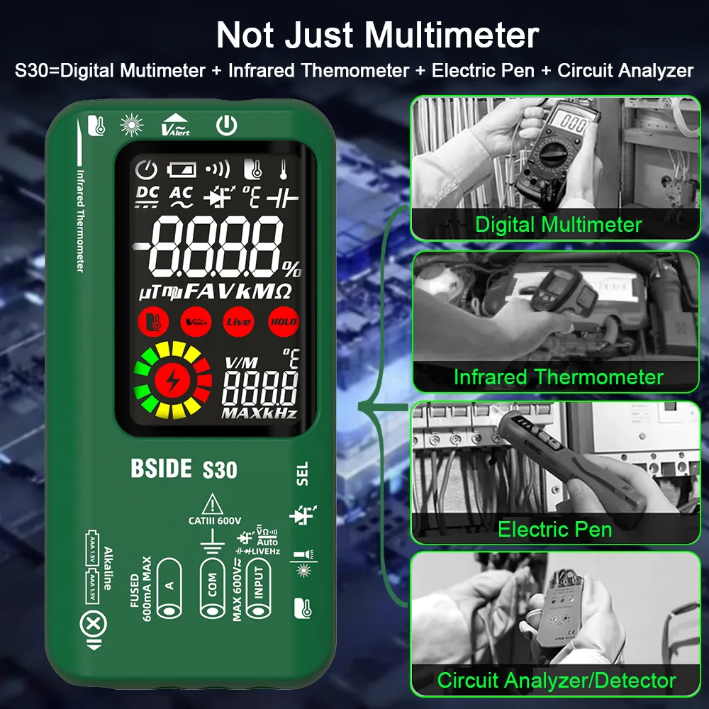 Digital Multimeter Smart Multitister 9999 T-RMS DC AC Voltage Current 15V Diode Capacitor Ohm NCV USB Rechargeable Tester