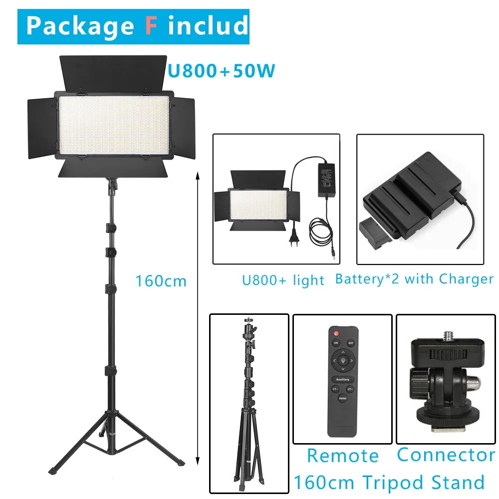 ESMFASTER U800+ LED Video Light Photo Studio Lamp Bi-Color 2500K-8500k Dimmable with Tripod Stand Remote for Video Recording Para