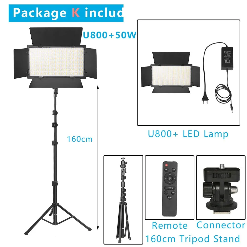 ESMFASTER U800+ LED Video Light Photo Studio Lamp Bi-Color 2500K-8500k Dimmable with Tripod Stand Remote for Video Recording Para