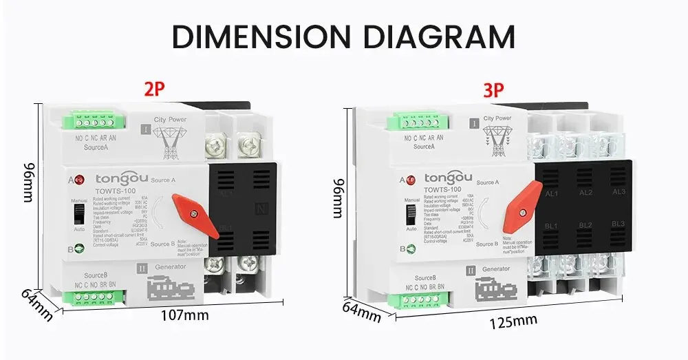 Din Rail 2P 3P 4P ATS Dual Power Automatic Transfer Switch Electrical Selector Switches Uninterrupted Power 63A 100A TONGOU Mini min