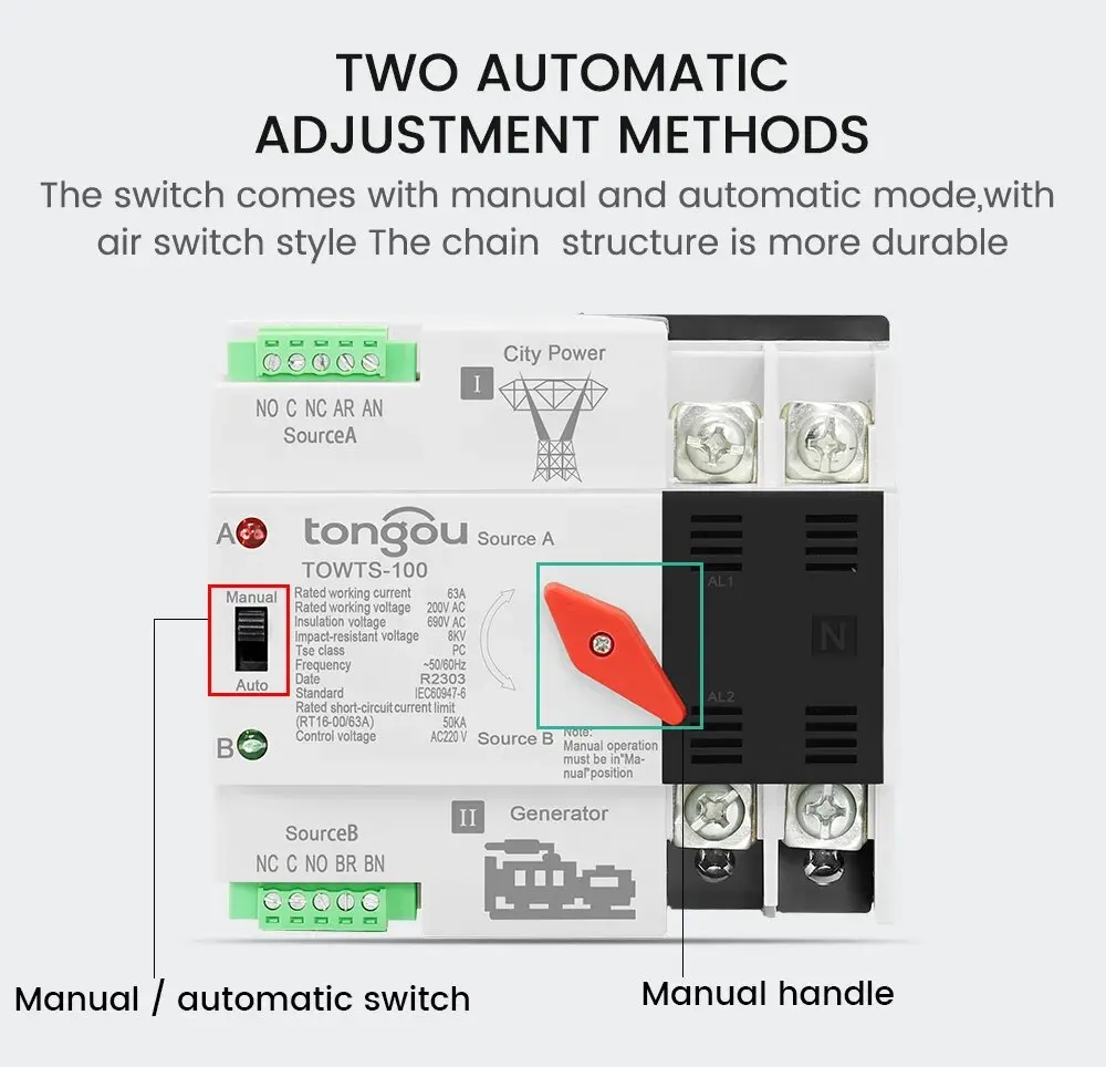 Din Rail 2P 3P 4P ATS Dual Power Automatic Transfer Switch Electrical Selector Switches Uninterrupted Power 63A 100A TONGOU Mini min