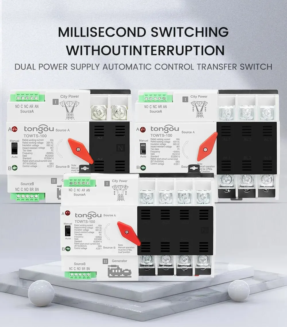 Din Rail 2P 3P 4P ATS Dual Power Automatic Transfer Switch Electrical Selector Switches Uninterrupted Power 63A 100A TONGOU Mini min