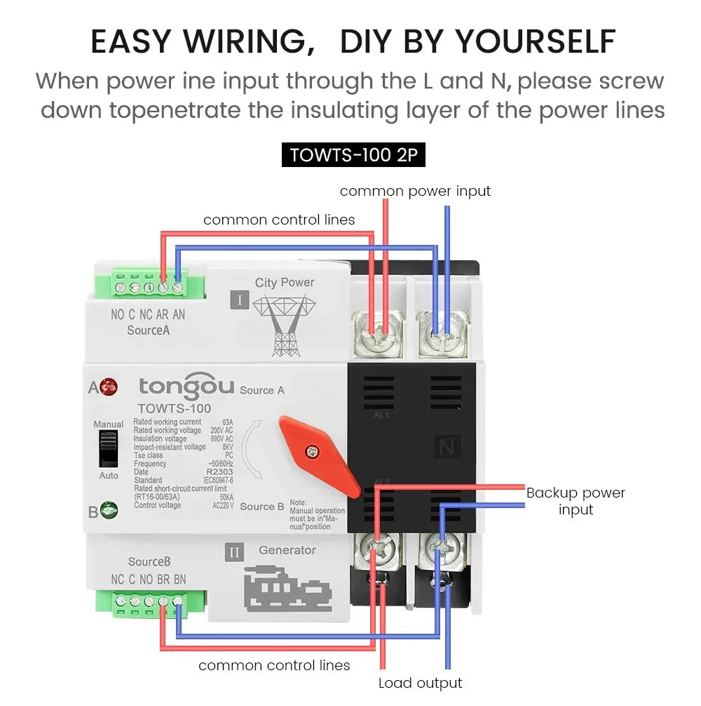 Din Rail 2P 3P 4P ATS Dual Power Automatic Transfer Switch Electrical Selector Switches Uninterrupted Power 63A 100A TONGOU Mini min