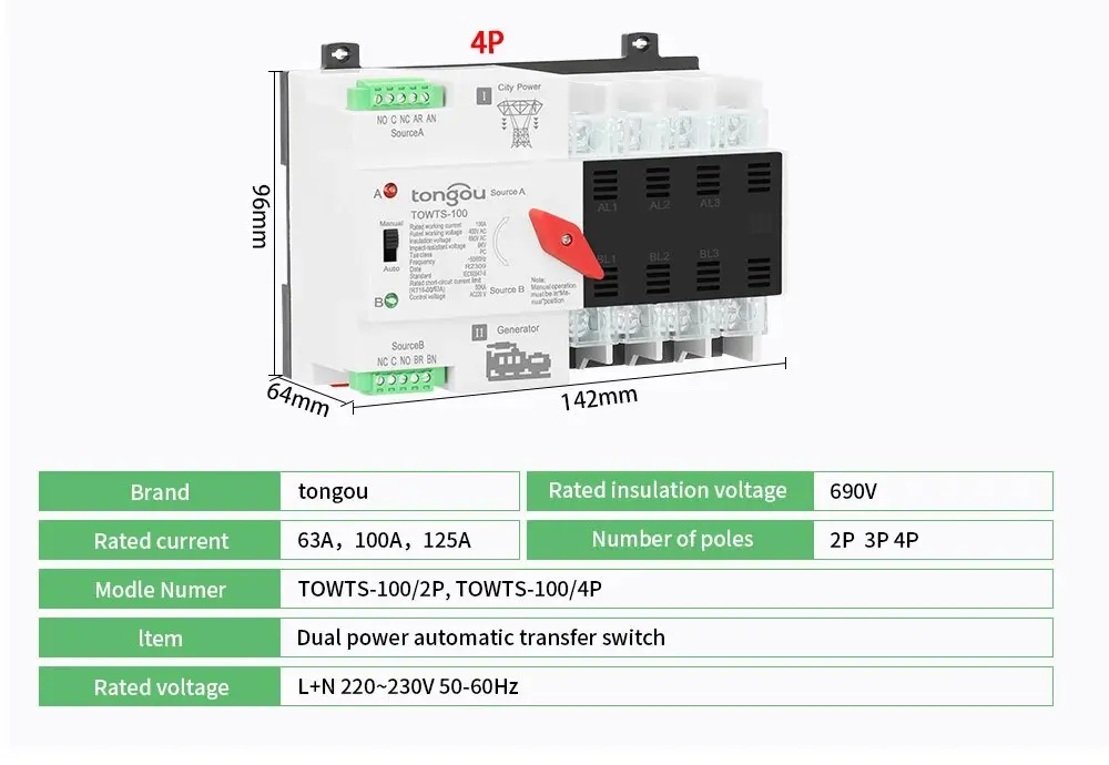 Din Rail 2P 3P 4P ATS Dual Power Automatic Transfer Switch Electrical Selector Switches Uninterrupted Power 63A 100A TONGOU Mini min