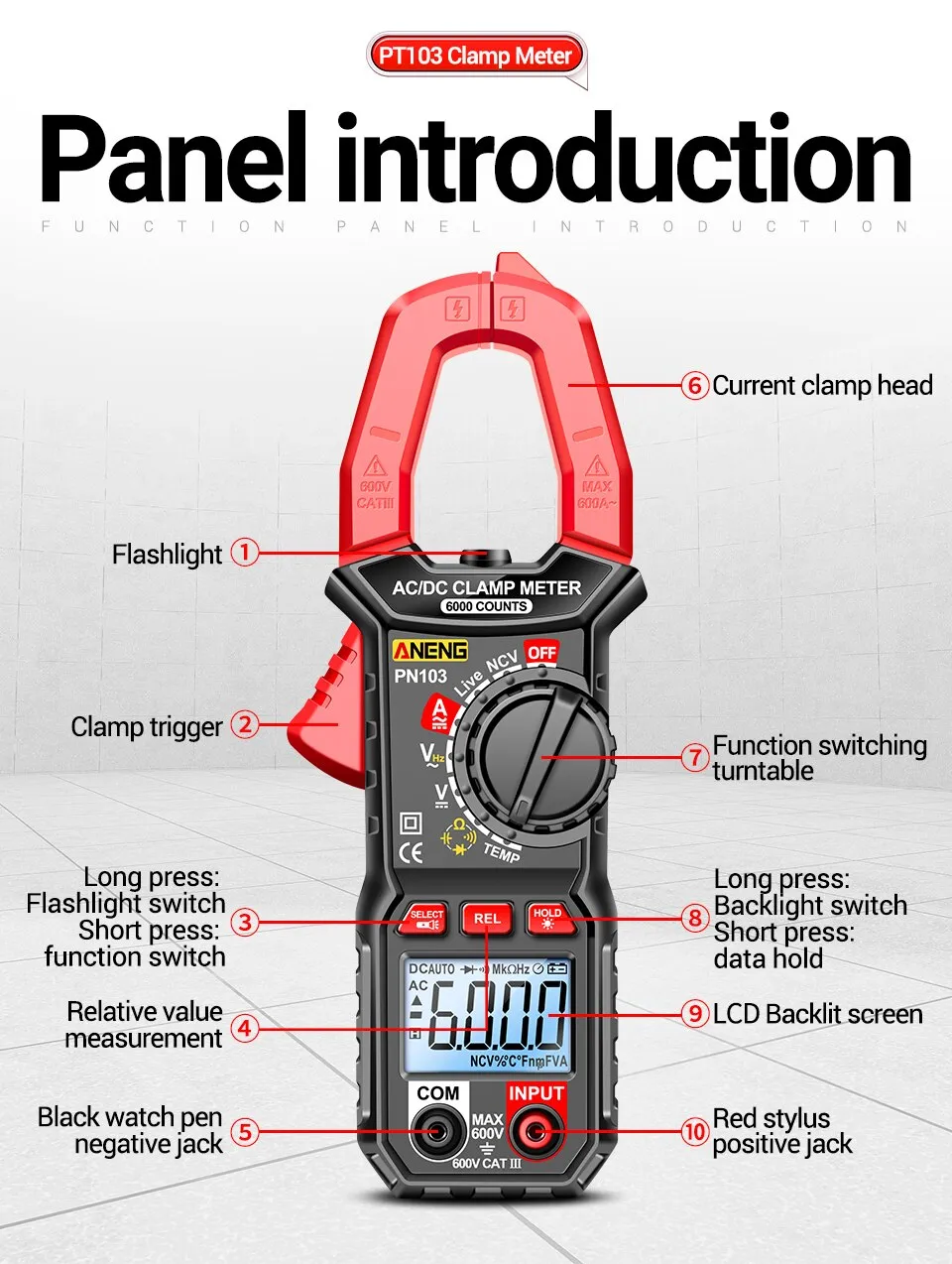 ANENG PN103 6000 Counts Digital Clamp Meter Multimeter 600A AC Current AC/DC Voltage Tester Hz Capacitance NCV Ohm Diode Testers