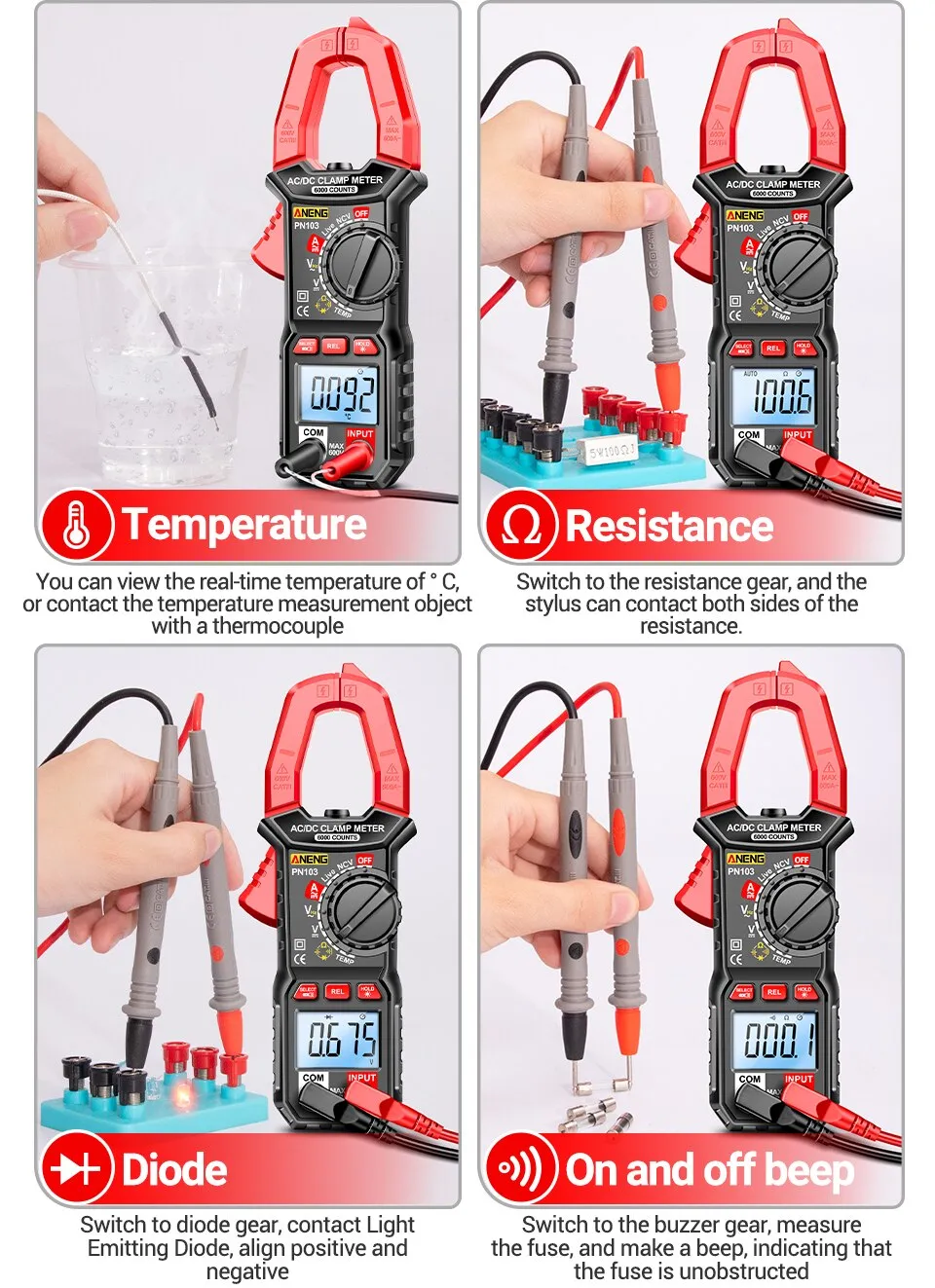 ANENG PN103 6000 Counts Digital Clamp Meter Multimeter 600A AC Current AC/DC Voltage Tester Hz Capacitance NCV Ohm Diode Testers