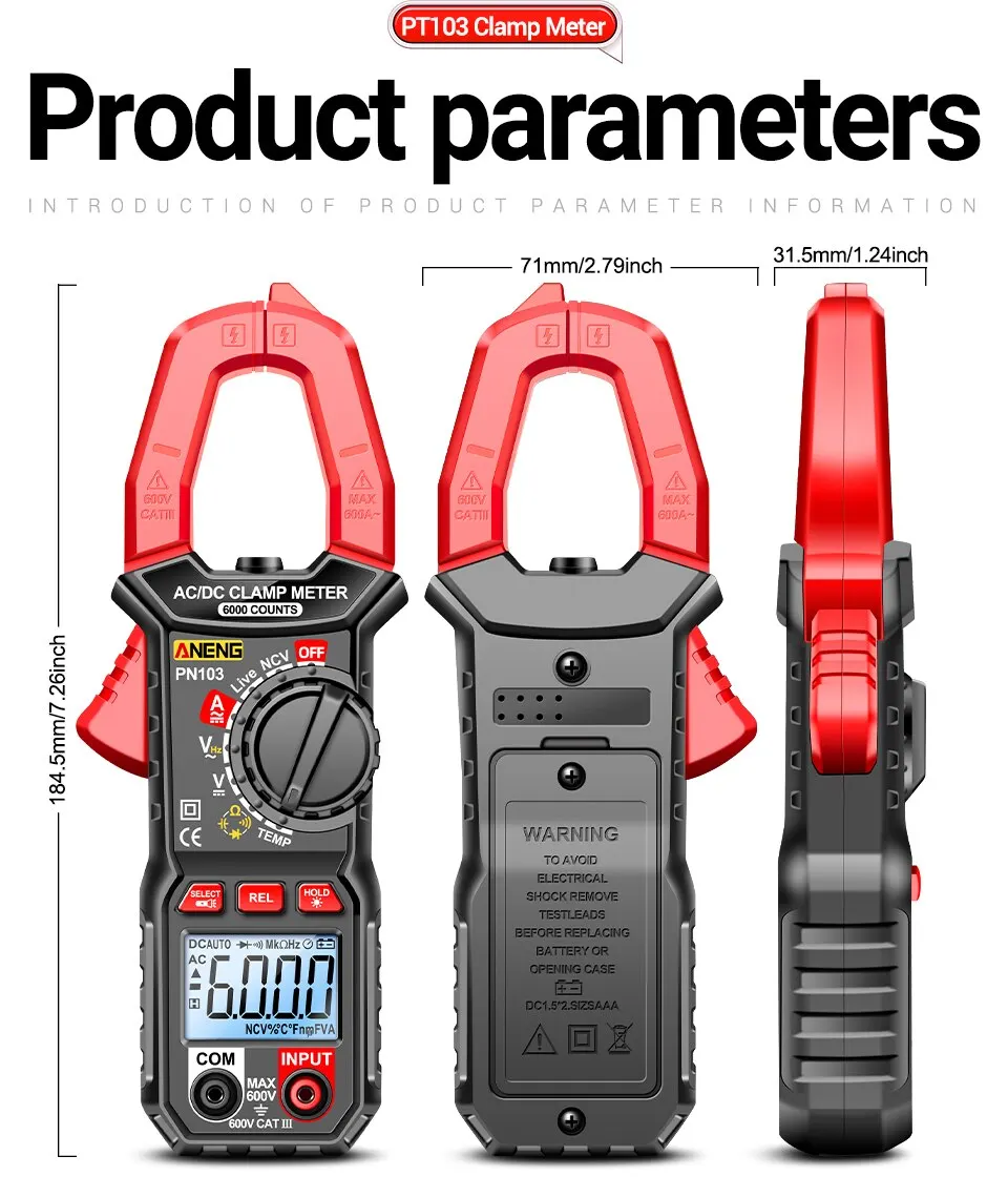 ANENG PN103 6000 Counts Digital Clamp Meter Multimeter 600A AC Current AC/DC Voltage Tester Hz Capacitance NCV Ohm Diode Testers