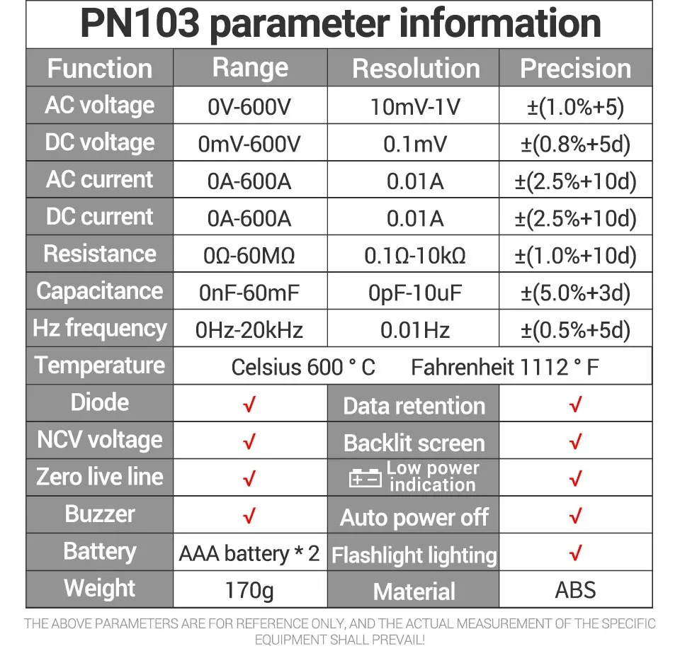 ANENG PN103 6000 Counts Digital Clamp Meter Multimeter 600A AC Current AC/DC Voltage Tester Hz Capacitance NCV Ohm Diode Testers