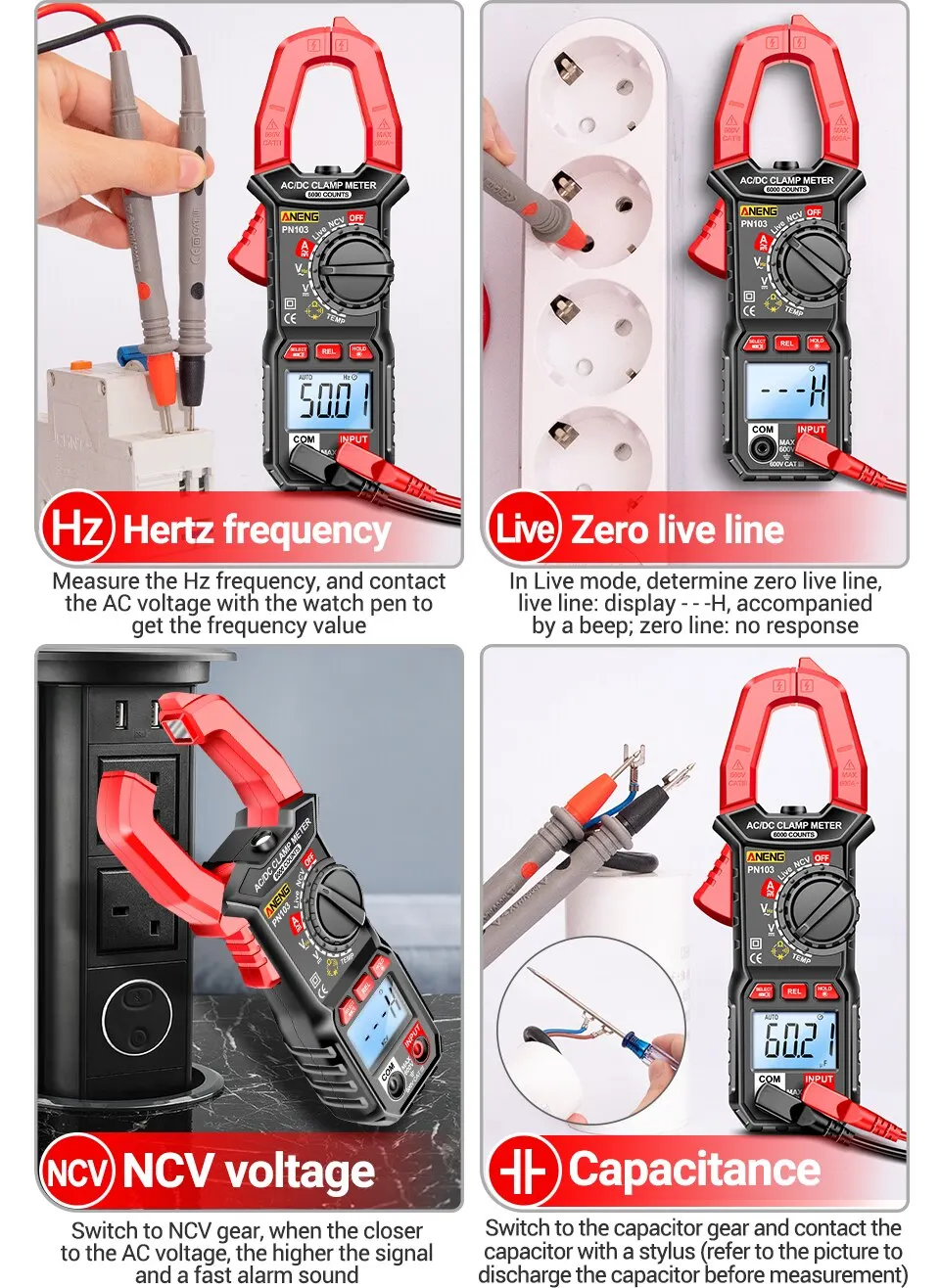 ANENG PN103 6000 Counts Digital Clamp Meter Multimeter 600A AC Current AC/DC Voltage Tester Hz Capacitance NCV Ohm Diode Testers