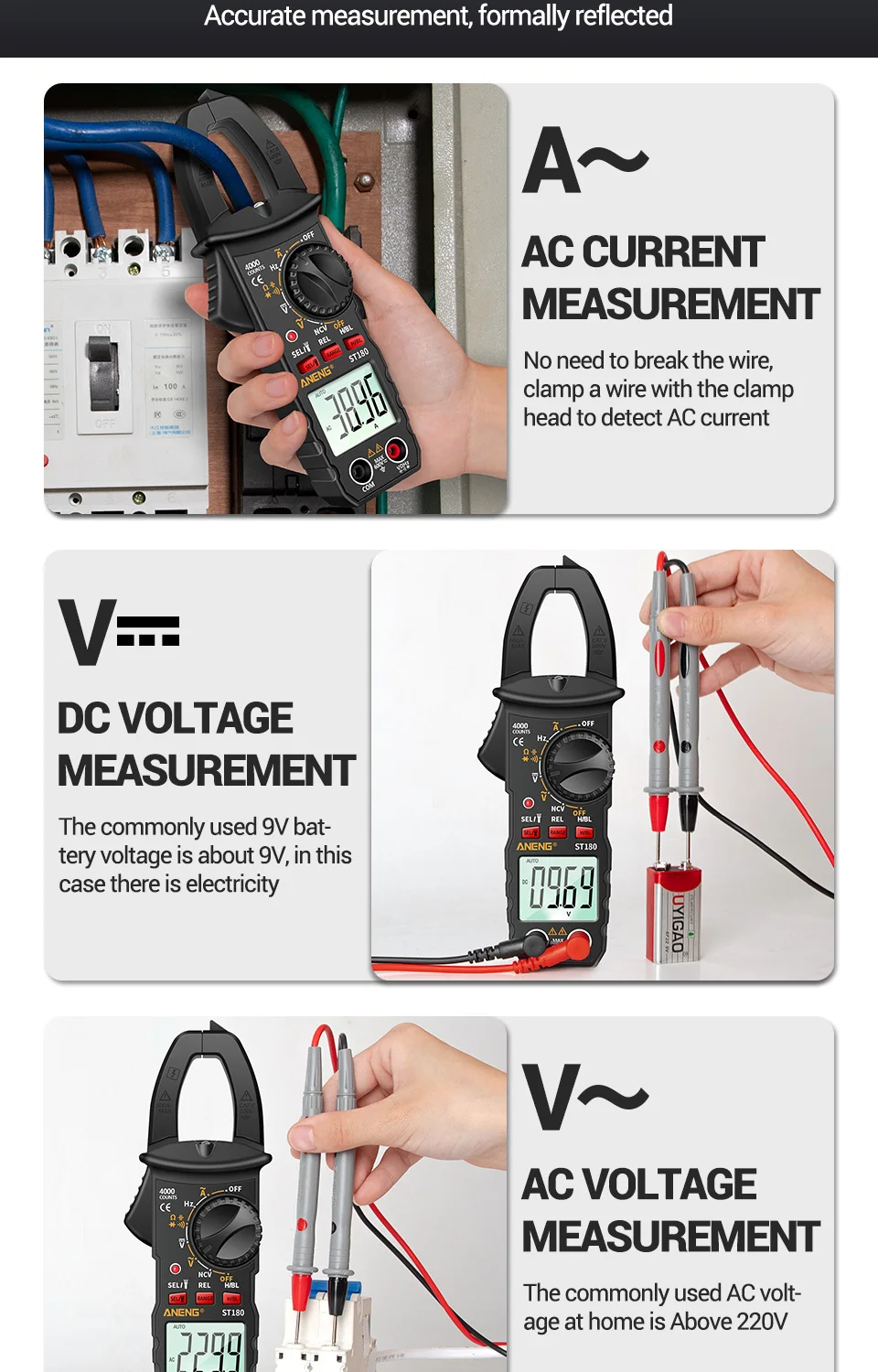 ANENG ST180 4000 Counts Digital Clamp Meter AC Current Multimeter Ammeter Voltage Tester Car Amp Hz Capacitance NCV Ohm Tool