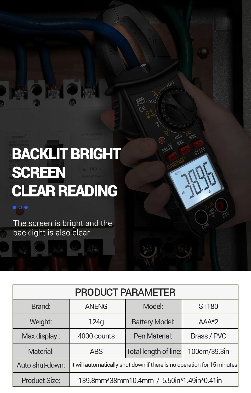 ANENG ST180 4000 Counts Digital Clamp Meter AC Current Multimeter Ammeter Voltage Tester Car Amp Hz Capacitance NCV Ohm Tool