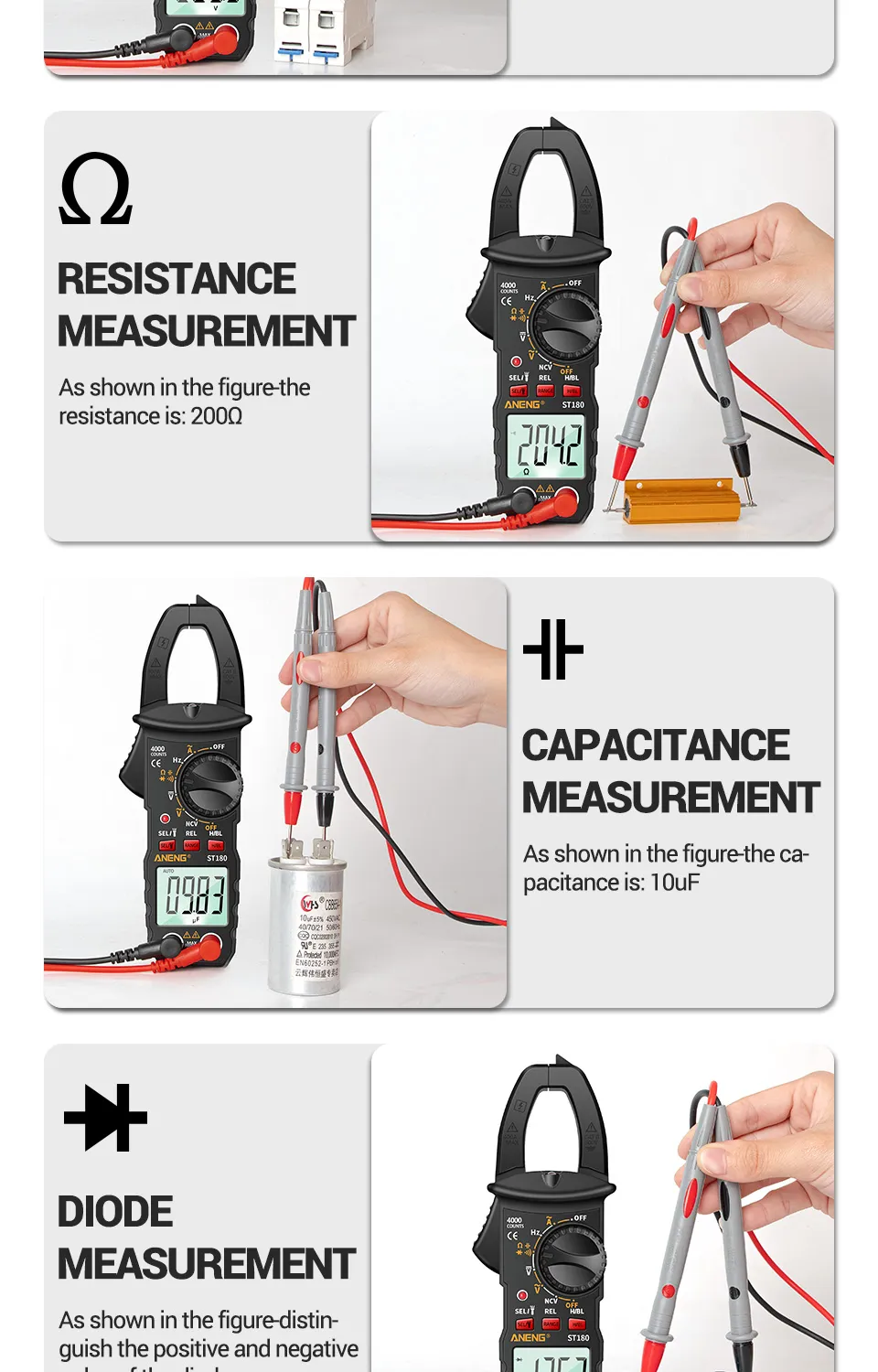 ANENG ST180 4000 Counts Digital Clamp Meter AC Current Multimeter Ammeter Voltage Tester Car Amp Hz Capacitance NCV Ohm Tool