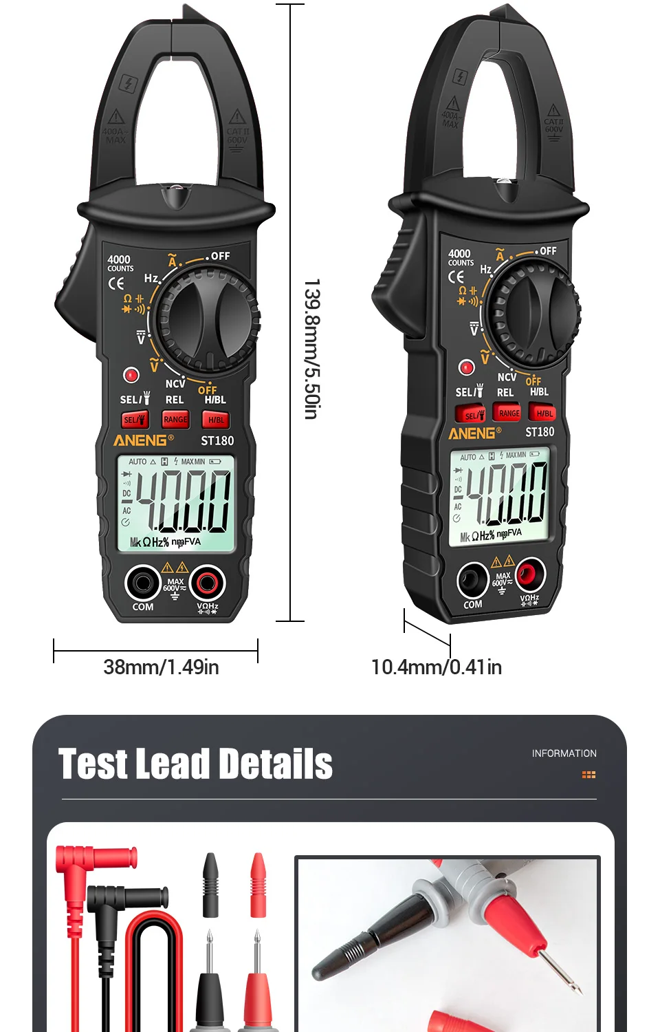 ANENG ST180 4000 Counts Digital Clamp Meter AC Current Multimeter Ammeter Voltage Tester Car Amp Hz Capacitance NCV Ohm Tool