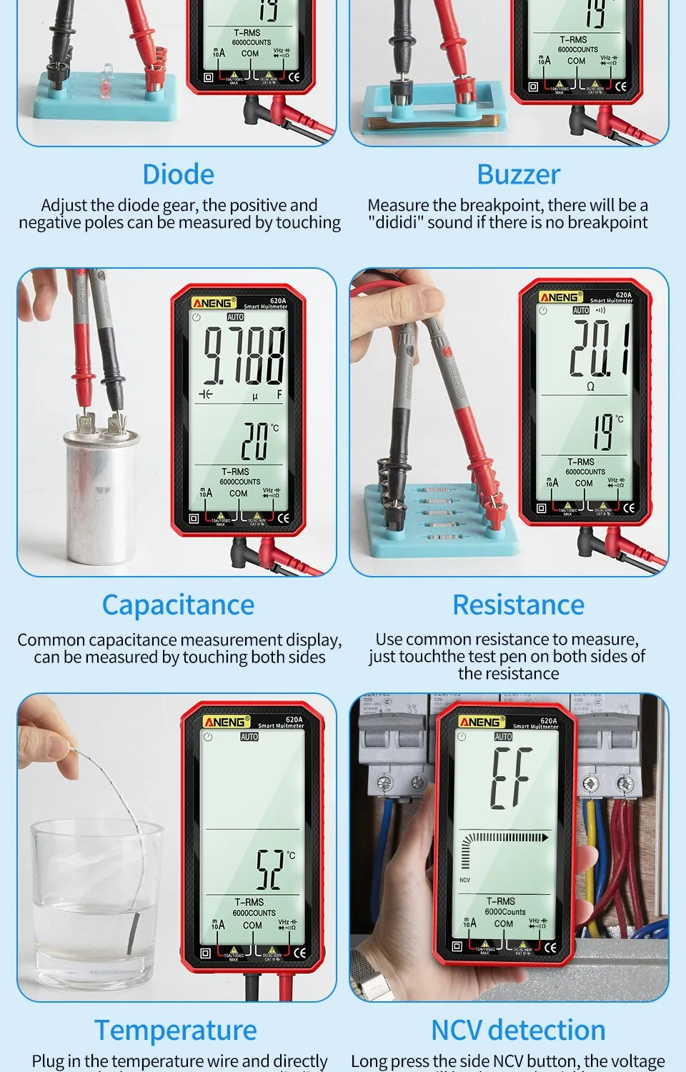 ANENG 620A 6000 Counts Digital Smart Multimeter Transistor Testers True RMS Auto Electrical Capacitance Meter Temp Resistance