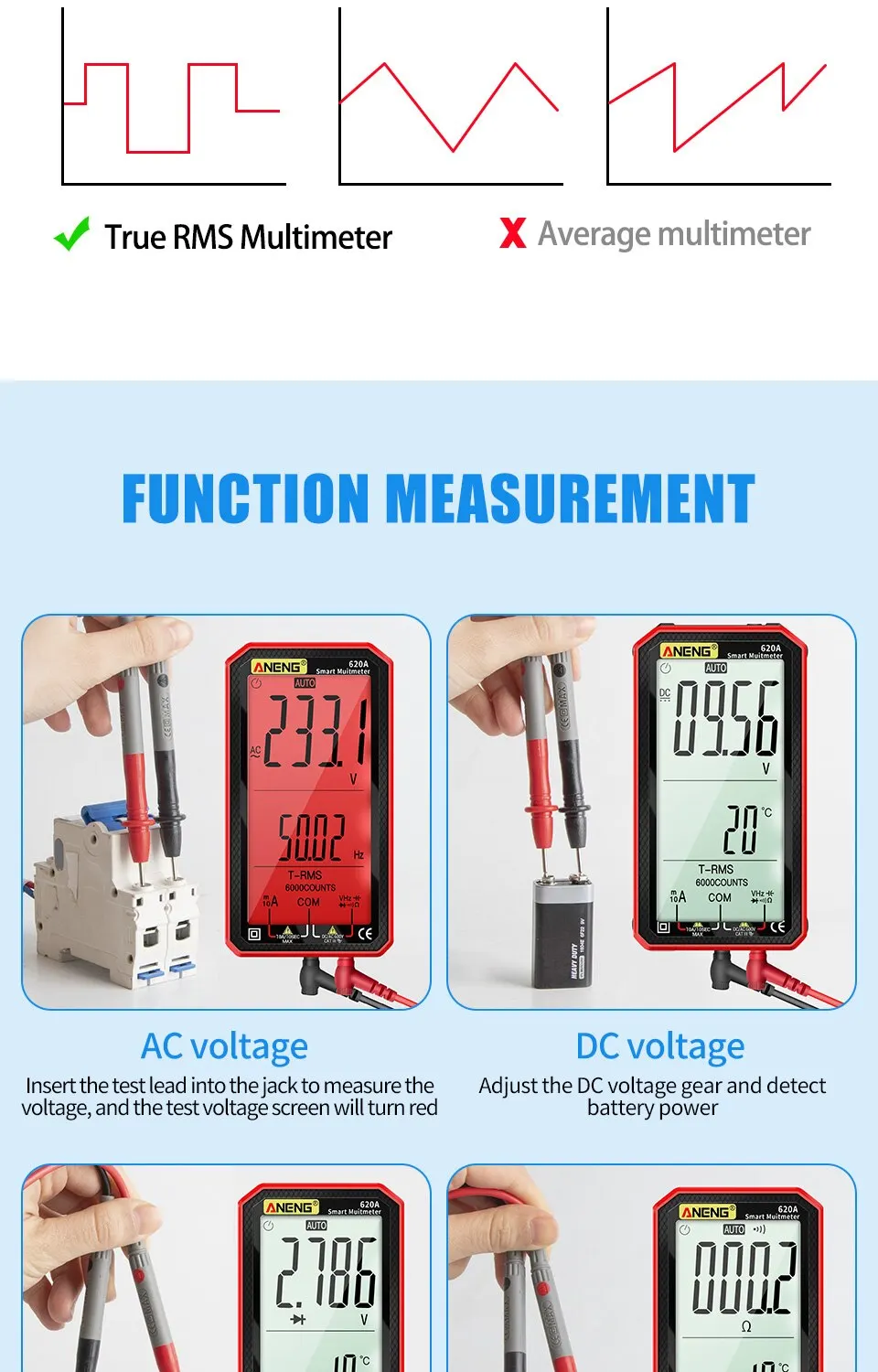 ANENG 620A 6000 Counts Digital Smart Multimeter Transistor Testers True RMS Auto Electrical Capacitance Meter Temp Resistance