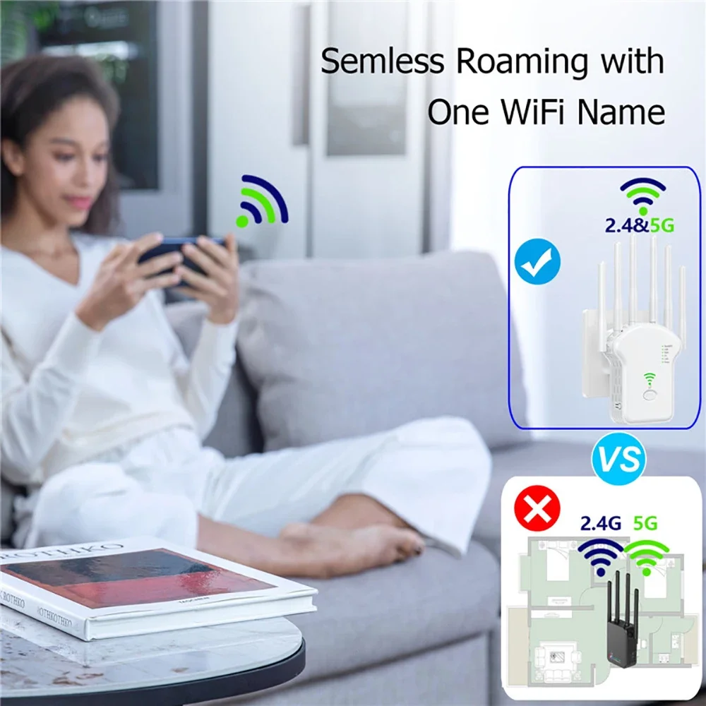 1200Mbps WiFi Repeater Wireless WiFi Signal Repeater Extender High Gain 6 Antenna Dual-Band 2.4G 5G Network Amplifier WPS Router