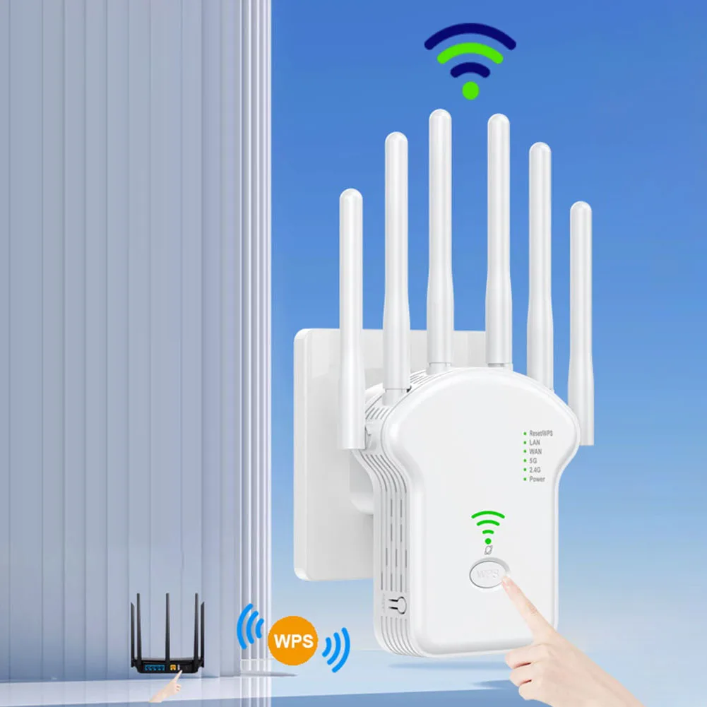1200Mbps 5GHz Wireless WiFi Repeater WiFi Signal Booster Dual-Band 2.4G 5G WiFi Extender 6 Antenna Network Amplifier WPS Router