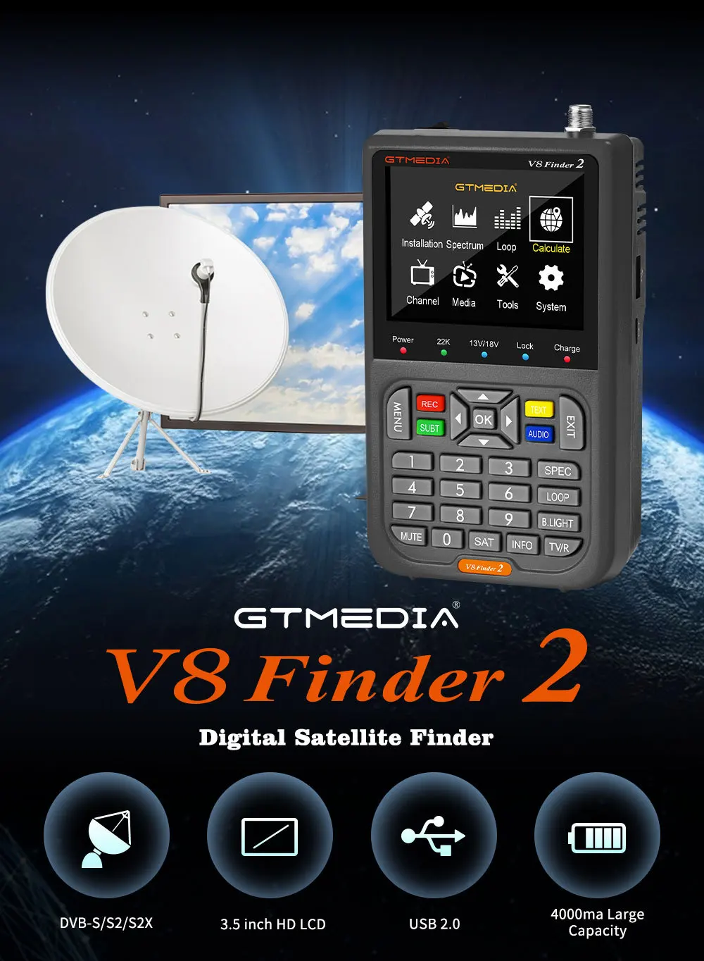 Woopker V8 Finder2 DVB-S2 1080P Satellite Finder Digital FTA DVB-S/S2/ S2X Signal Detector Receiver LCD Screen for Adjusting Sat