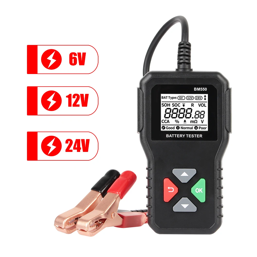 Battery System Detect 100-2000 CCA Car Battery Tool 6V 12V 24V Car Battery Tester Auto Battery Analyzer BM550 Black