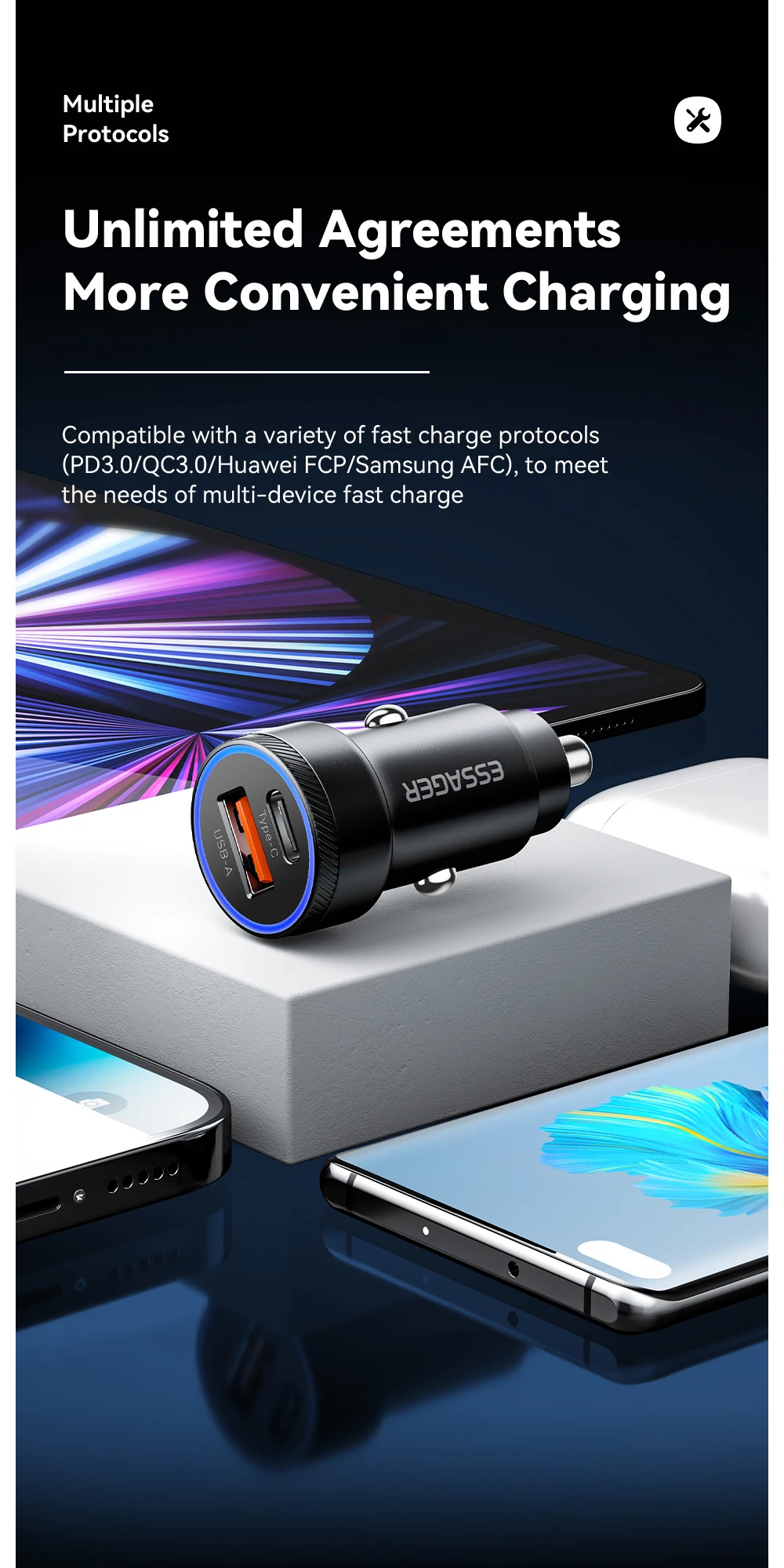 Essager 54W USB Car Charger 5A Fast Charing QC 3.0 PD 3.0 SCP AFC USB Type C Car Phone Chargers For iPhone Huawei Samsung Xiaomi