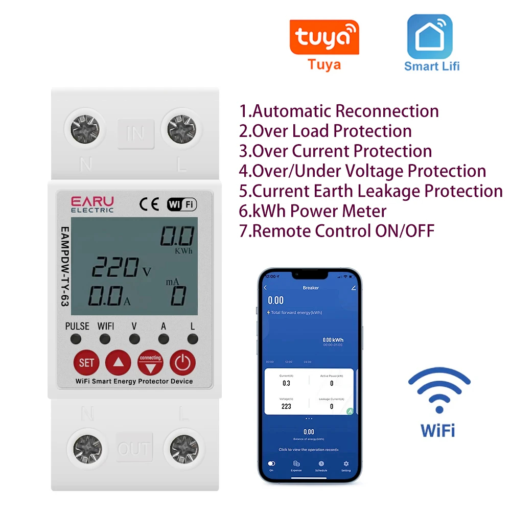 2P 63A TUYA APP WiFi Smart Circuit Earth Leakage Over Under Voltage Protector Relay Device Switch Breaker Energy Power kWh Meter