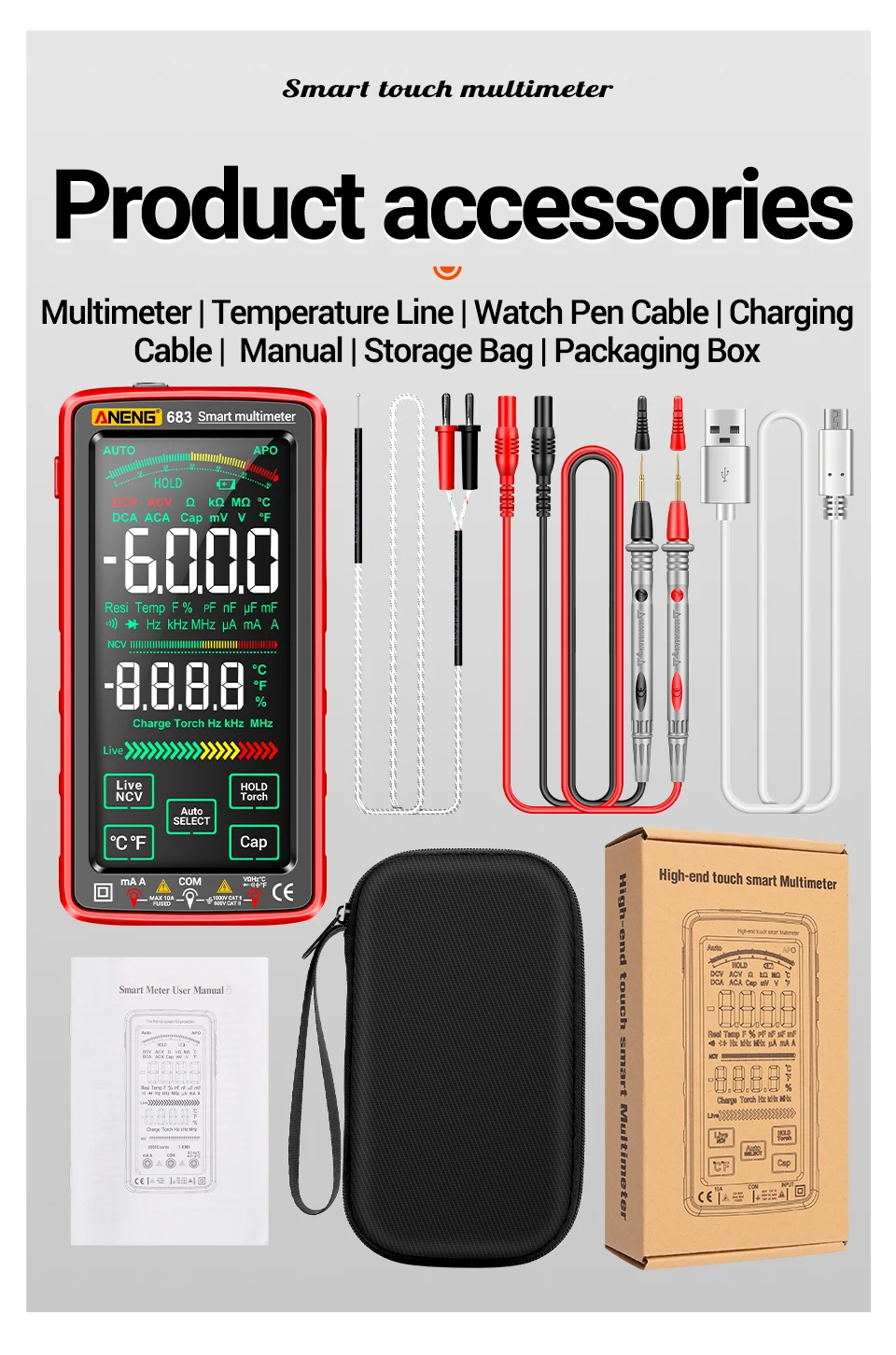 ANENG 683 Smart Multimeter High-end Touch 6000 Counts Multimetro Test Rechargeable Multitester AC/DC Voltage Tester Current Tool