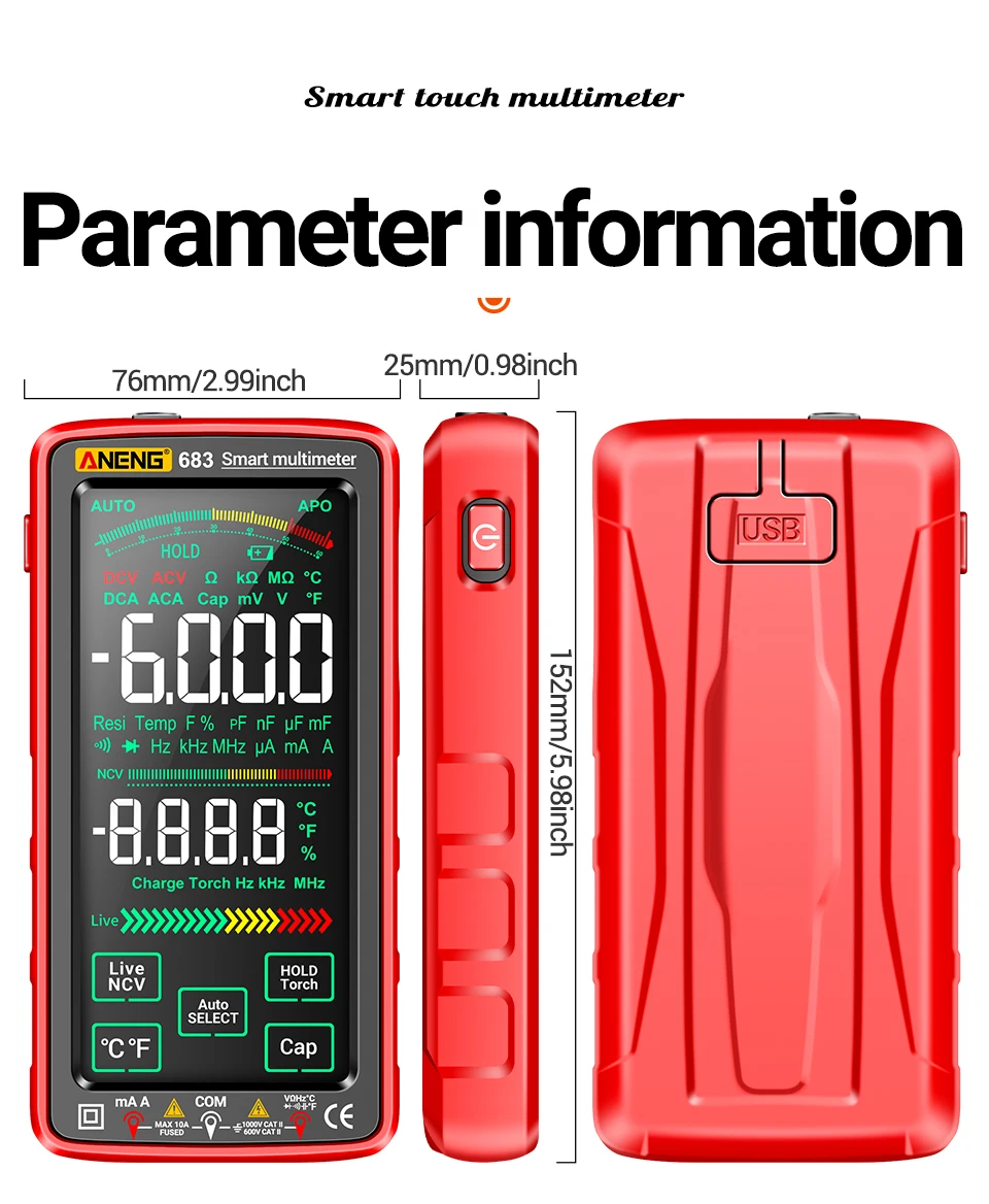 ANENG 683 Smart Multimeter High-end Touch 6000 Counts Multimetro Test Rechargeable Multitester AC/DC Voltage Tester Current Tool