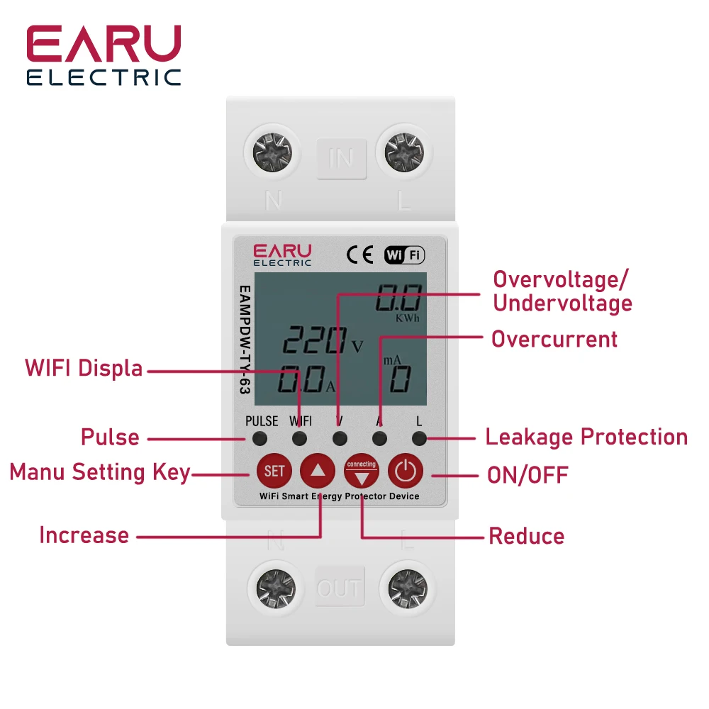 2P 63A TUYA APP WiFi Smart Circuit Earth Leakage Over Under Voltage Protector Relay Device Switch Breaker Energy Power kWh Meter