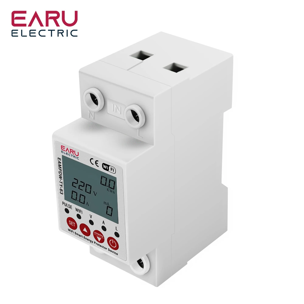 2P 63A TUYA APP WiFi Smart Circuit Earth Leakage Over Under Voltage Protector Relay Device Switch Breaker Energy Power kWh Meter